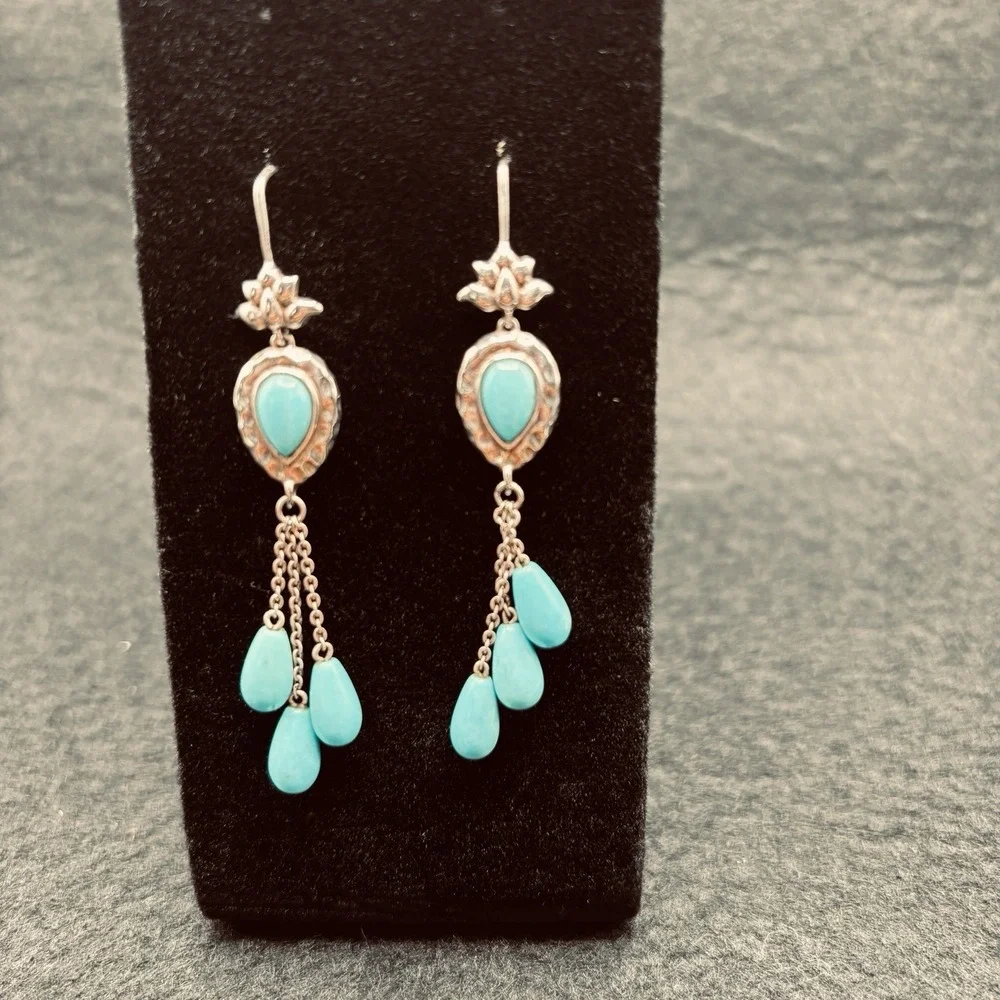 925 Sterling Silver Turquoise Dangle Earrings Floral Teardrop Boho Southwest